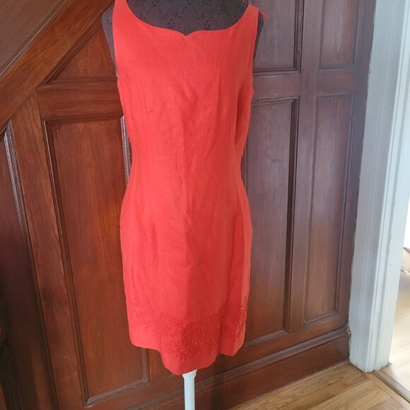 Vintage Donna Morgan Red Linen Dress Size 8 Sleeveless Embroidered Floral Detail - Picture 7 of 9